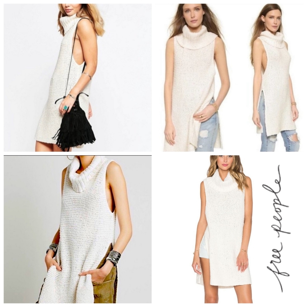 Free People White Horses Sleeveless Chunky Knit Sweater Tunic Cream Ivory